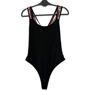 Victoria Sport Black Ribbed One-Piece Bodysuit Large
